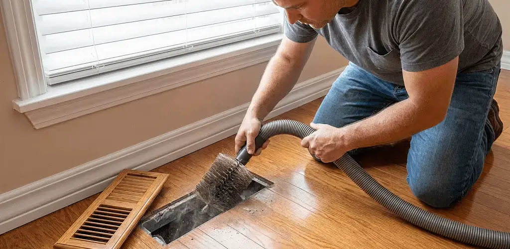 Air duct cleaning technician vacuuming a floor vent and duct opening in Birmingham, AL