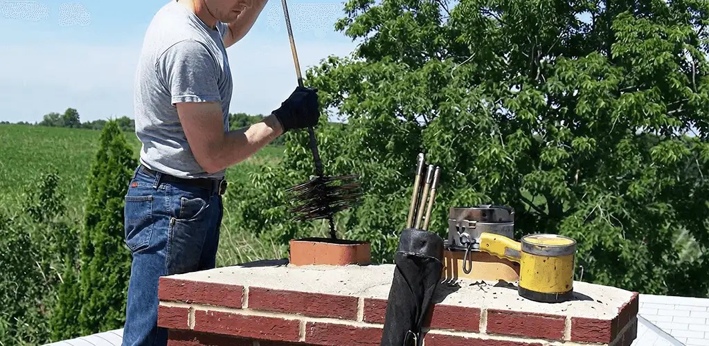 Chimney cleaning technician working on a rooftop chimney with professional tools in Birmingham, AL