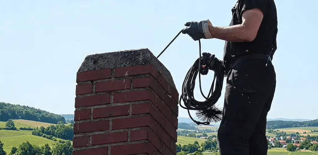 Chimney sweep inspecting and cleaning a rooftop chimney in Birmingham, AL