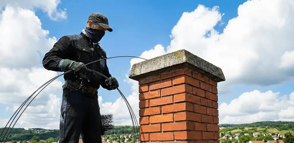 Chimney sweep cleaning a brick chimney with professional tools in Birmingham, AL
