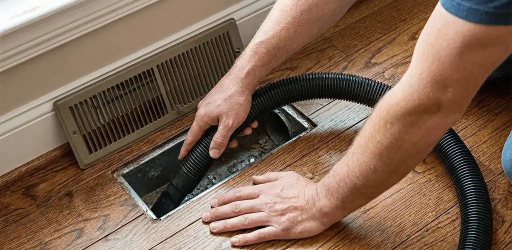Air duct cleaning technician vacuuming a floor register and duct opening in Birmingham, AL
