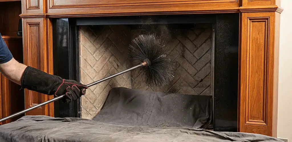 Chimney cleaning service brushing soot from a fireplace and flue in Birmingham, AL