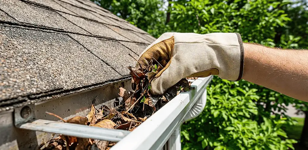 Gutter cleaning removing leaves and debris from roof gutters in Birmingham, AL