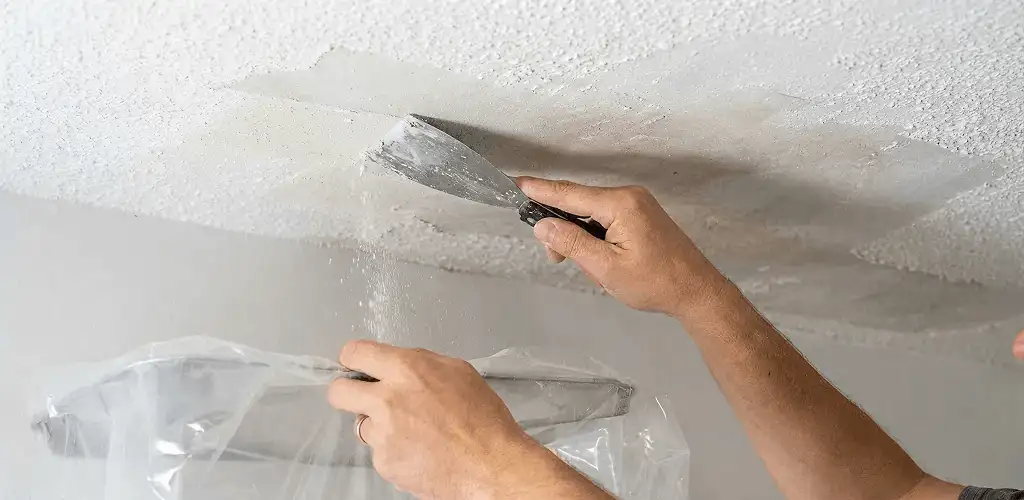 Popcorn ceiling removal technician scraping texture from a ceiling in Birmingham, AL