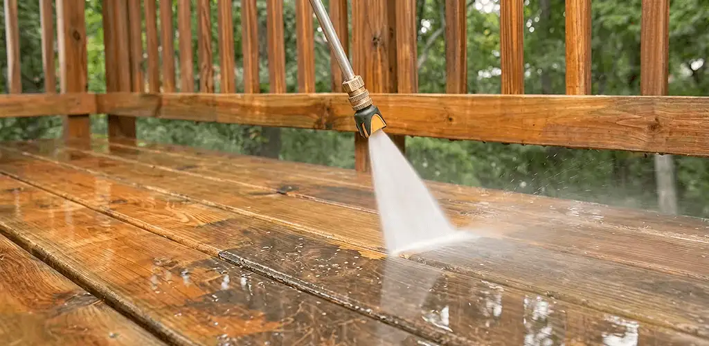 Pressure washing a wood deck to remove dirt and buildup in Birmingham, AL