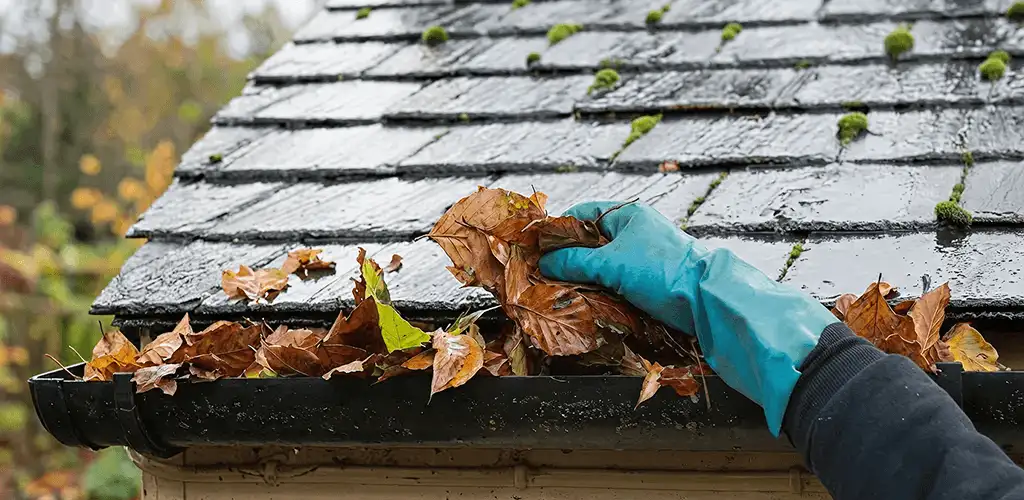 Gutter cleaning technician clearing wet leaves from roof gutters in Birmingham, AL