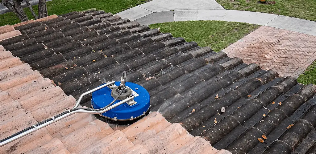 Roof pressure cleaning removing debris and buildup from roof tiles in Birmingham, AL