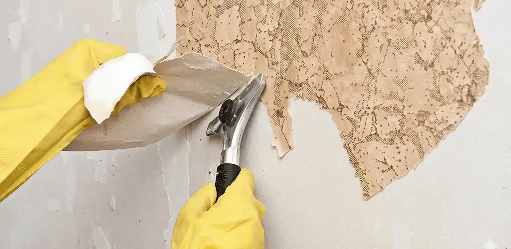 Wallpaper removal service stripping old wallpaper from a wall in Birmingham, AL
