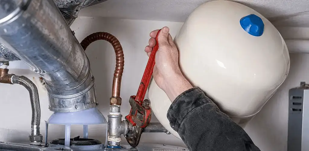 Water heater repair technician tightening plumbing connections near a tank unit in Birmingham, AL